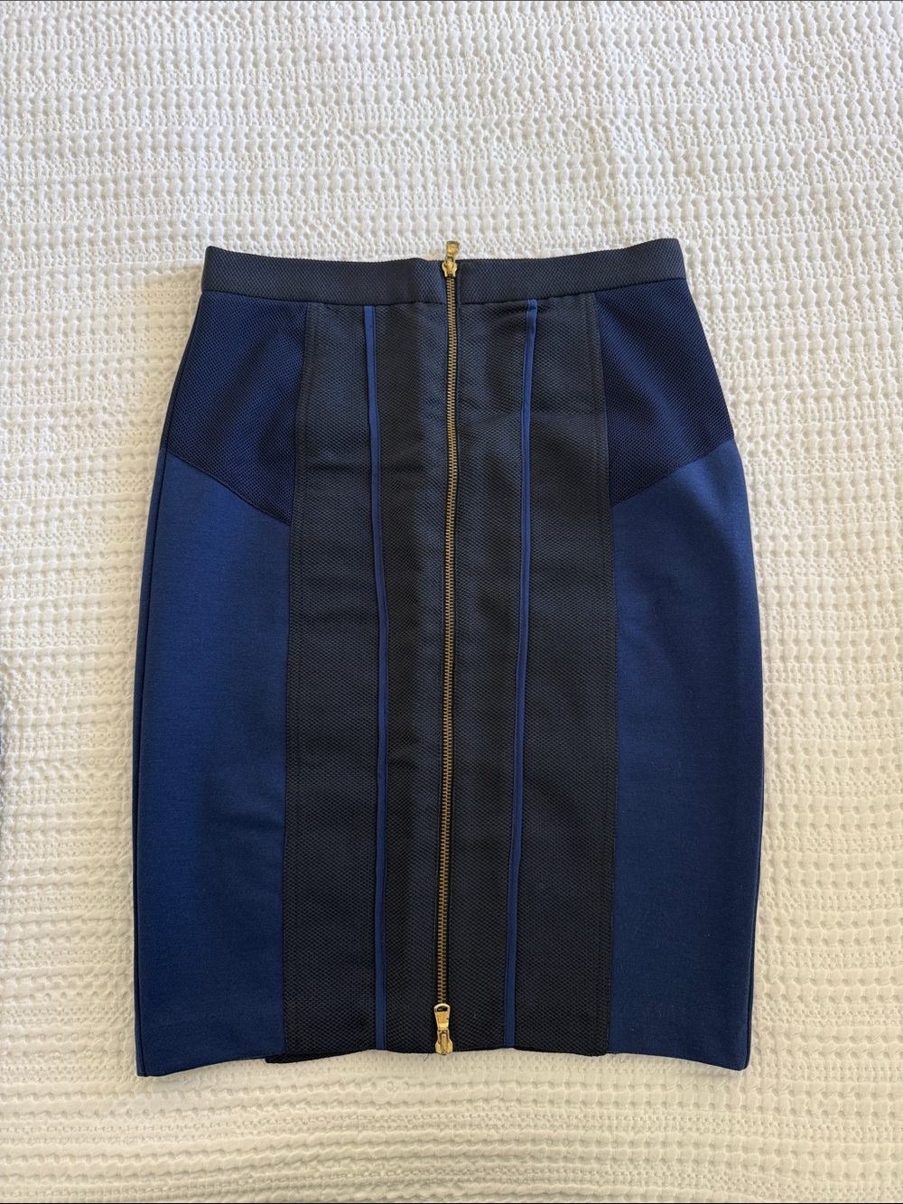 Club Monaco Navy and Black Panel Pencil Skirt with Gold Zip